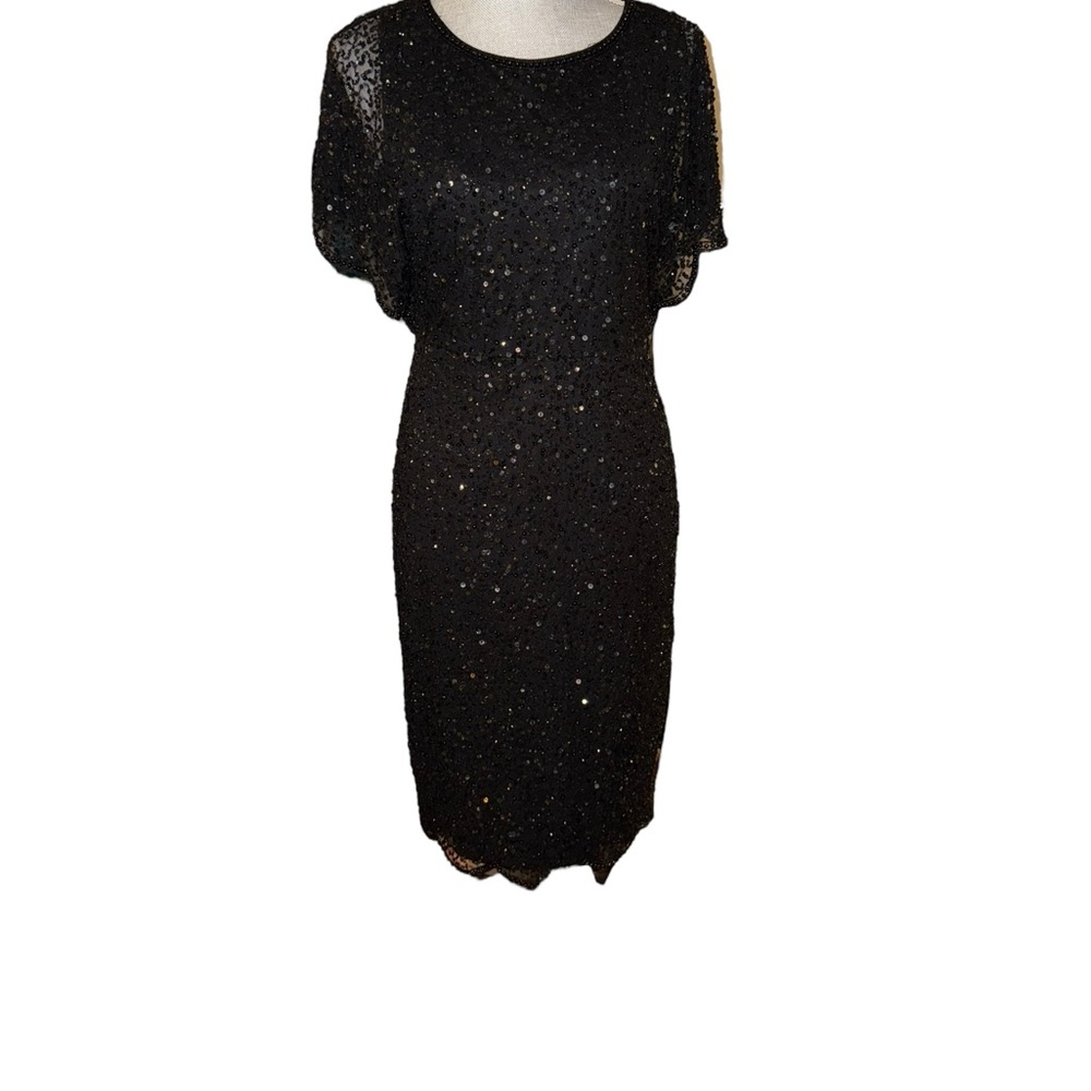 Vintage Adrienne Papell Black Sequin Dress with Sheer Accents